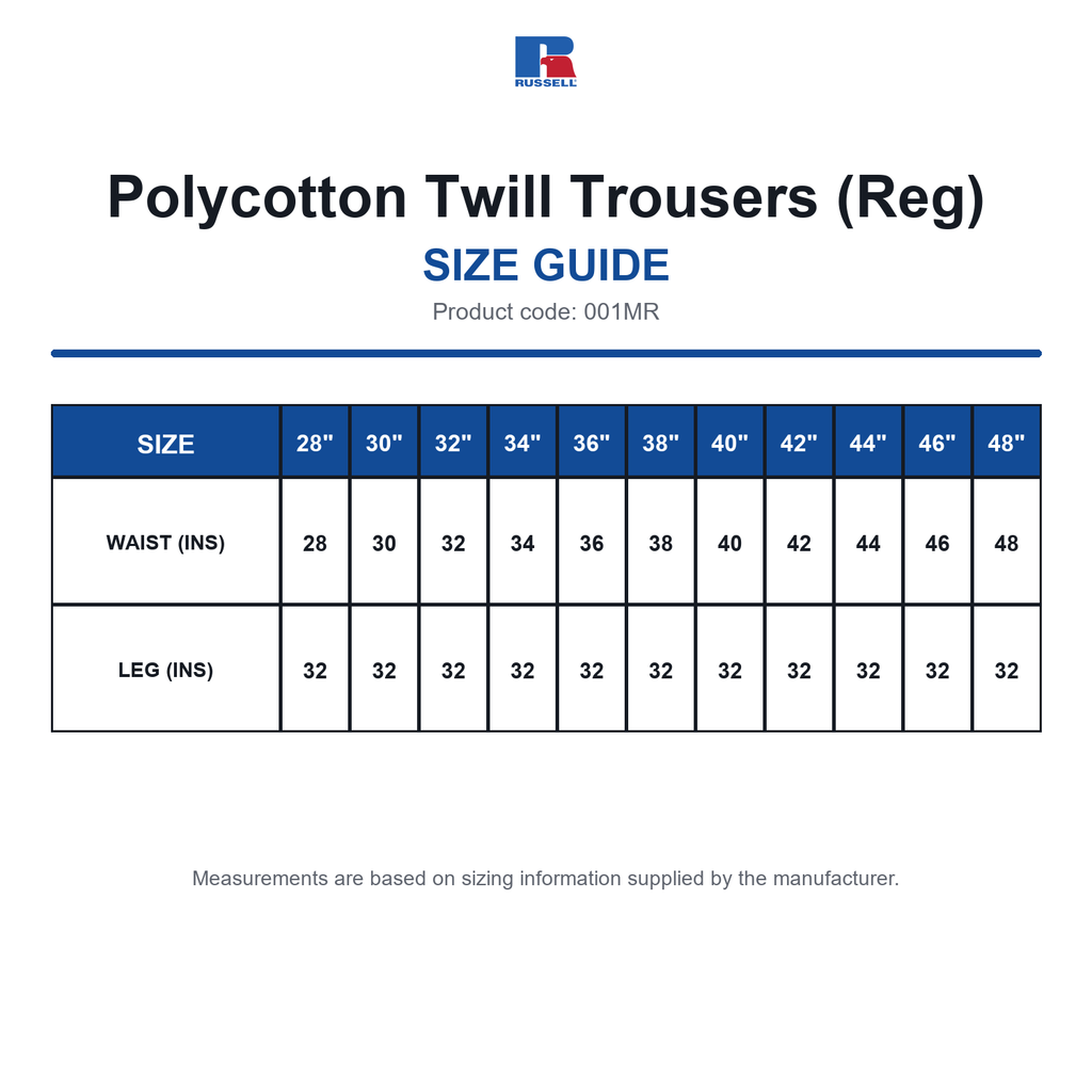 001MR Russell Polycotton Twill Trousers (Reg) size guide (001MR)