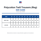 001MR Russell Polycotton Twill Trousers (Reg) size guide (001MR)