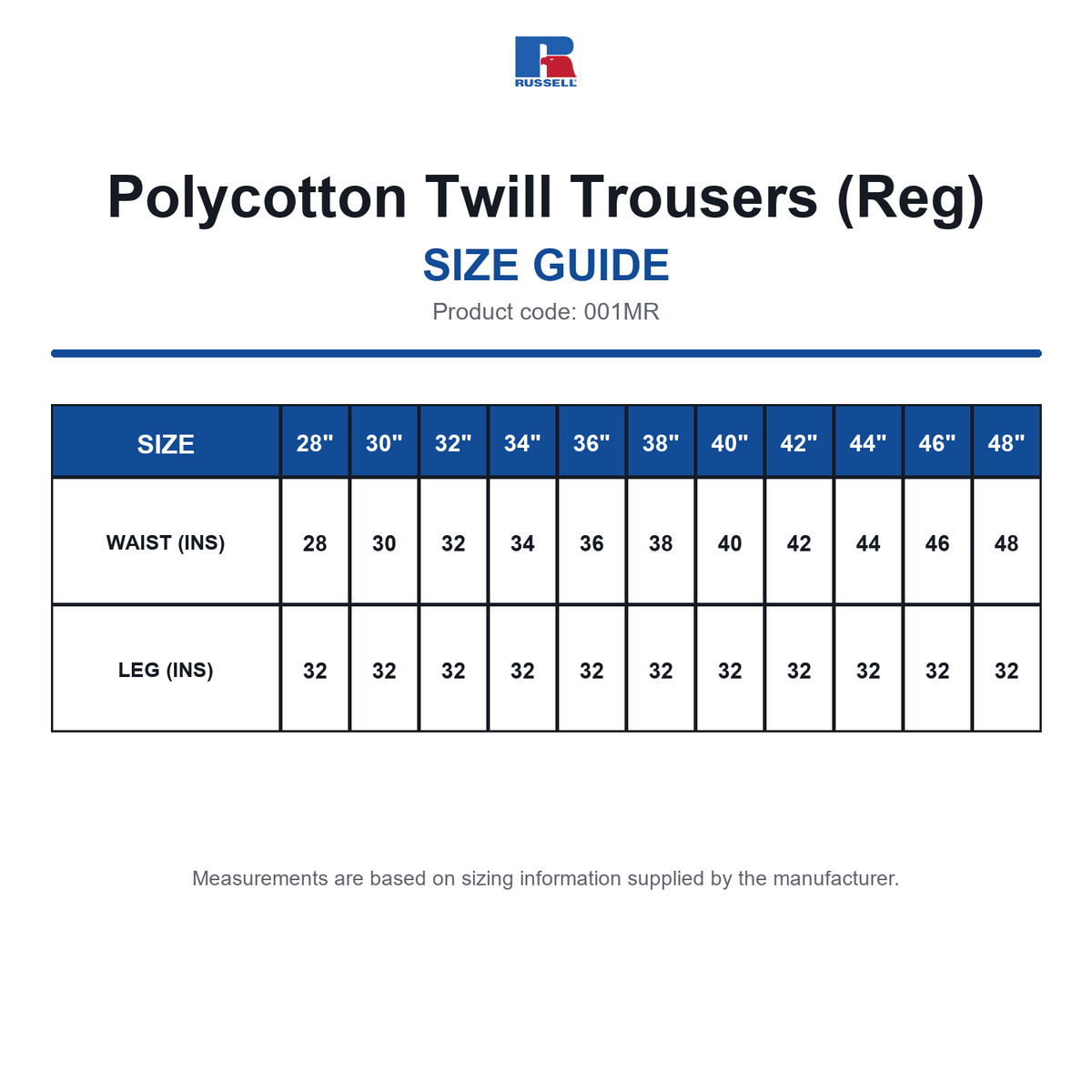 001MR Russell Polycotton Twill Trousers (Reg) size guide (001MR)