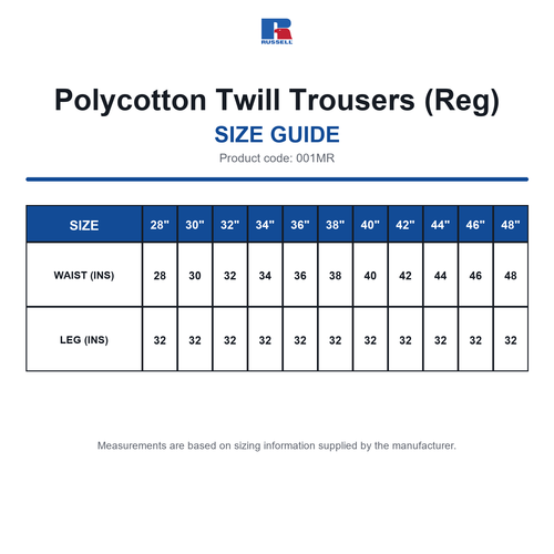 001MR Russell Polycotton Twill Trousers (Reg) size guide (001MR)