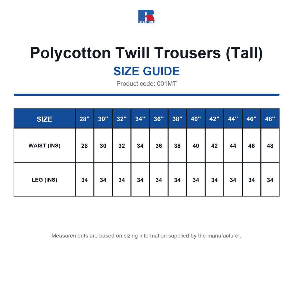 001MT Russell Polycotton Twill Trousers (Tall) size guide (001MT)