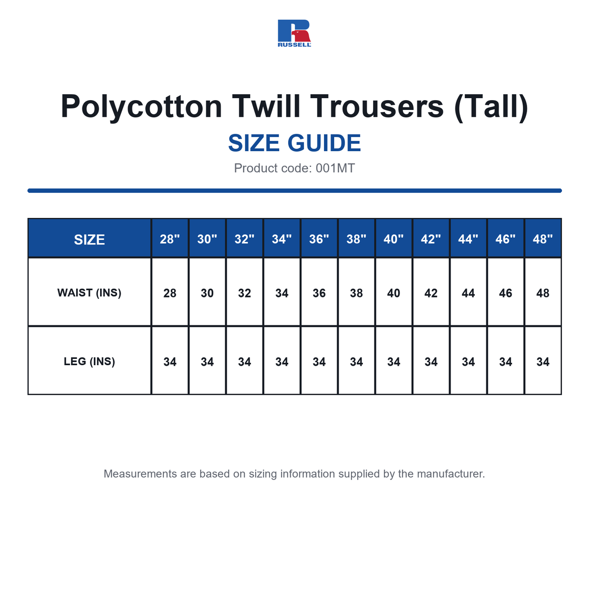 001MT Russell Polycotton Twill Trousers (Tall) size guide (001MT)