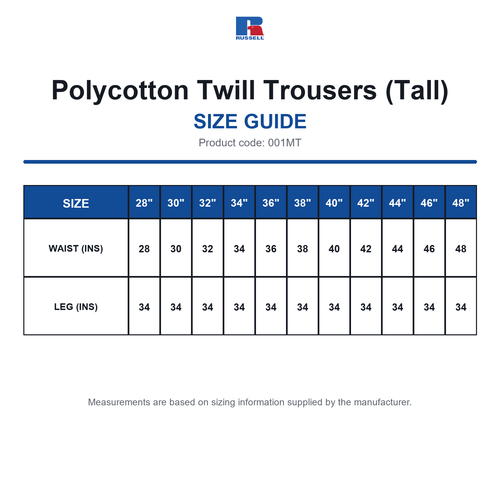 001MT Russell Polycotton Twill Trousers (Tall) size guide (001MT)
