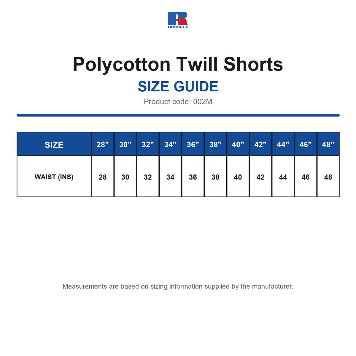 002M Russell Polycotton Twill Shorts size guide (002M)