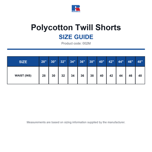 002M Russell Polycotton Twill Shorts size guide (002M)