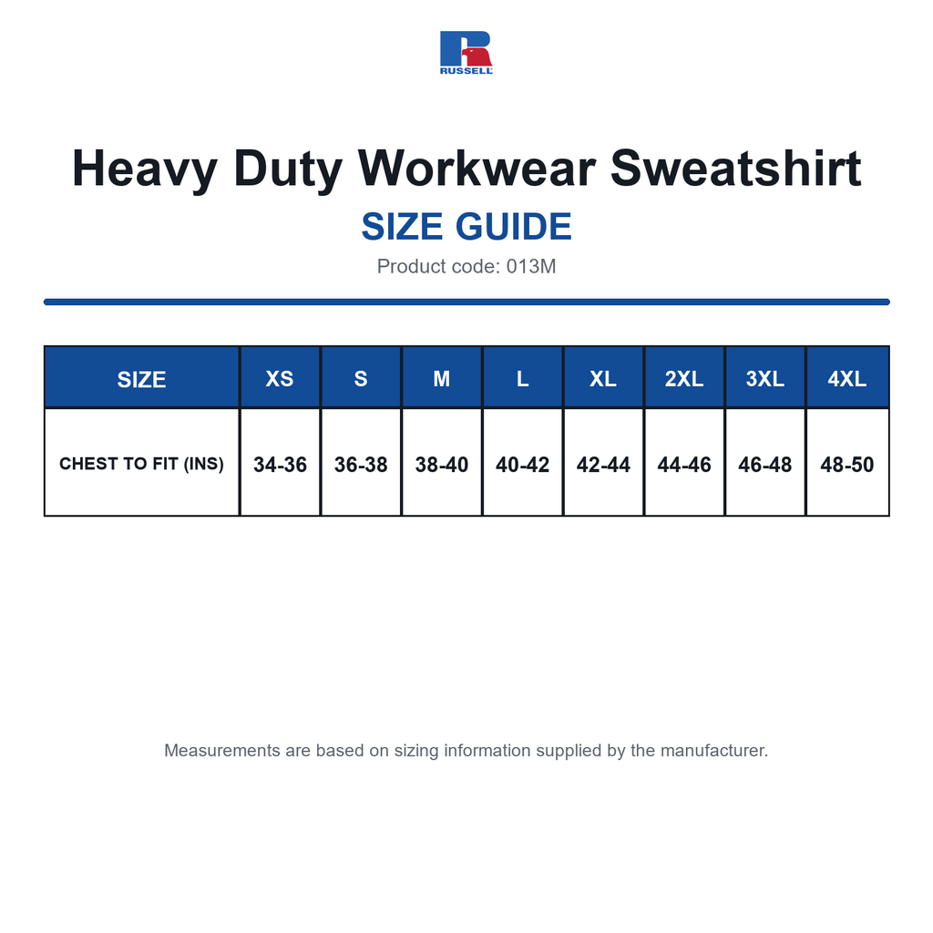 013M Russell Heavy Duty Workwear Sweatshirt size guide (013M)
