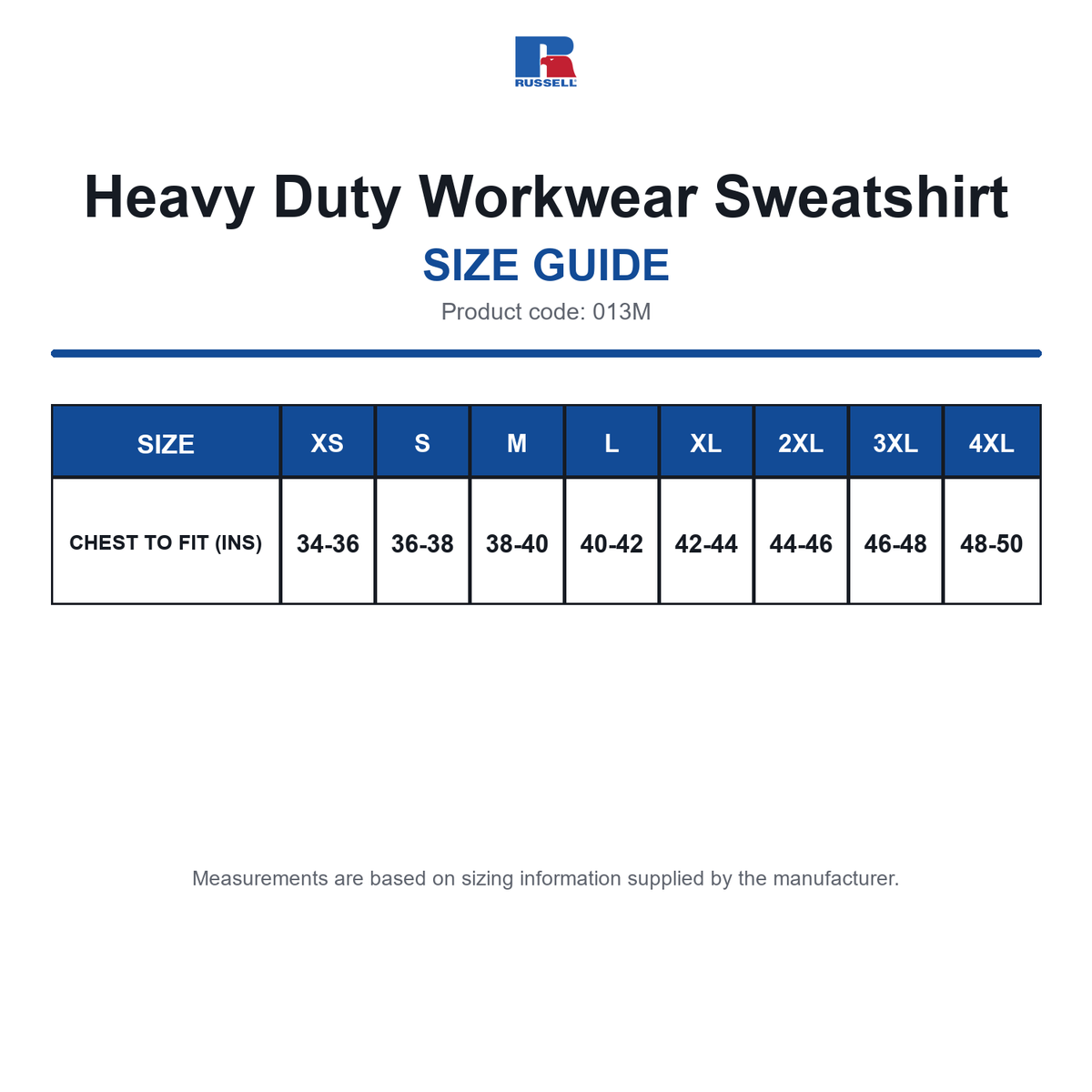 013M Russell Heavy Duty Workwear Sweatshirt size guide (013M)