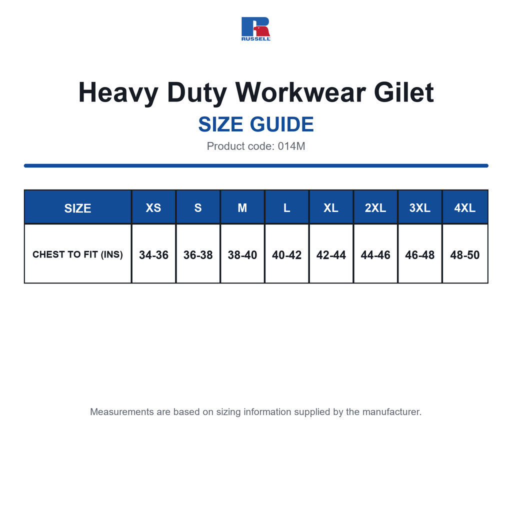 014M Russell Heavy Duty Workwear Gilet size guide (014M)