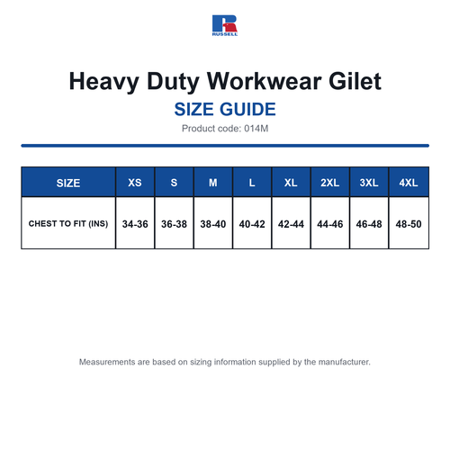 014M Russell Heavy Duty Workwear Gilet size guide (014M)