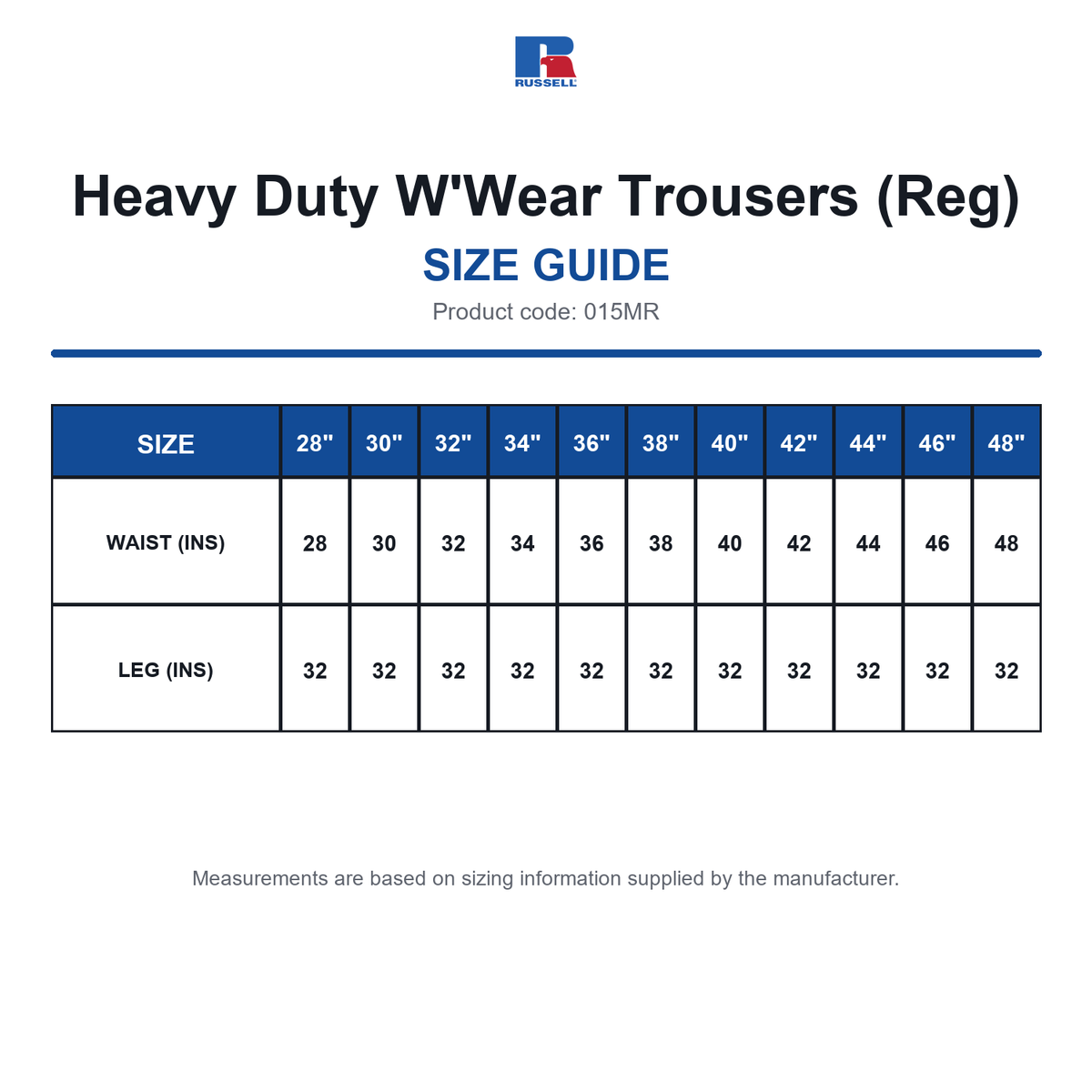 015MR Russell Heavy Duty W'Wear Trousers (Reg) size guide (015MR)