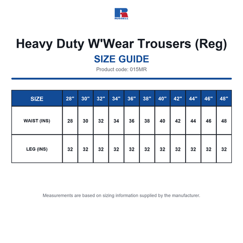 015MR Russell Heavy Duty W'Wear Trousers (Reg) size guide (015MR)