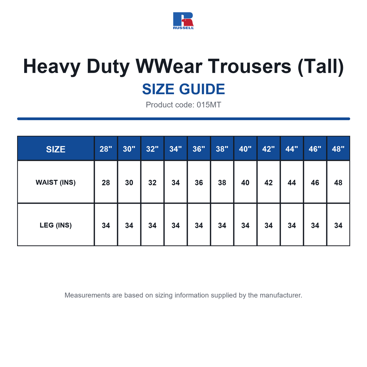 015MT Russell Heavy Duty WWear Trousers (Tall) size guide (015MT)