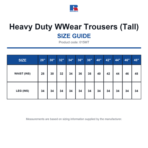 015MT Russell Heavy Duty WWear Trousers (Tall) size guide (015MT)