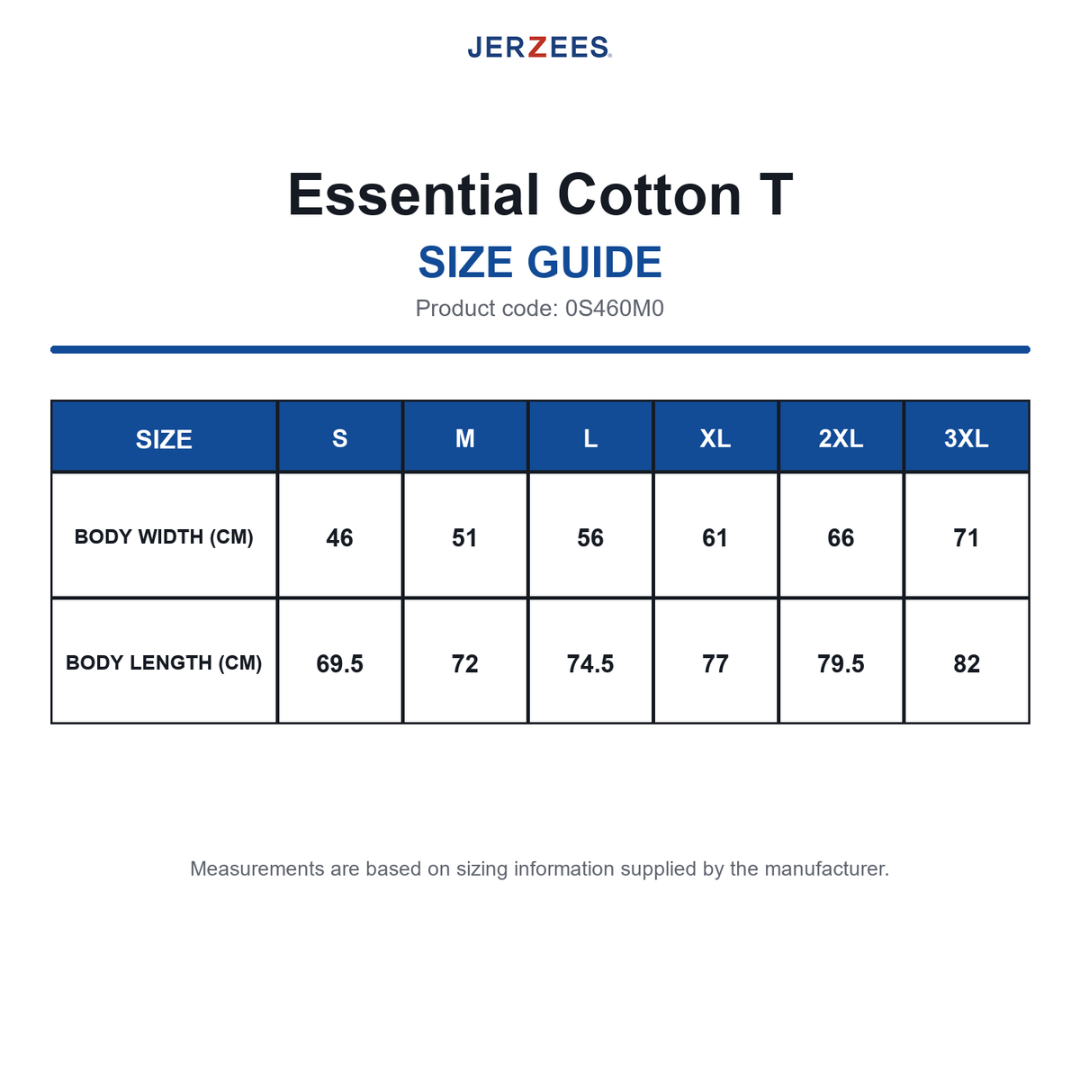 0S460M0 Jerzees Essential Cotton T size guide (0S460M0)