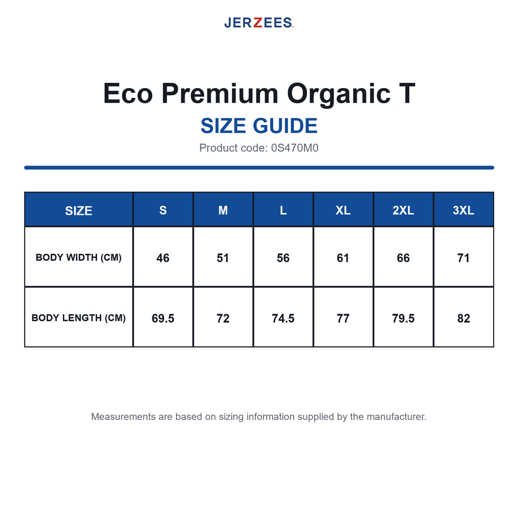0S470M0 Jerzees Eco Premium Organic T size guide (0S470M0)
