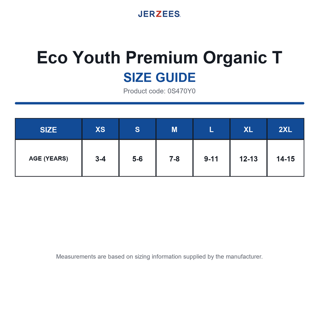 0S470Y0 Jerzees Eco Youth Premium Organic T size guide (0S470Y0)