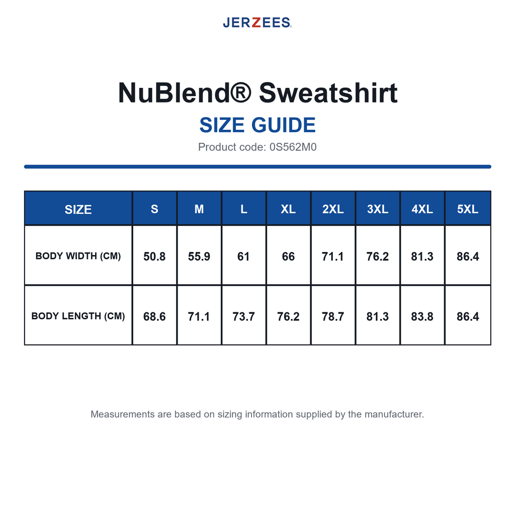 0S562M0 Jerzees NuBlend® Sweatshirt size guide (0S562M0)