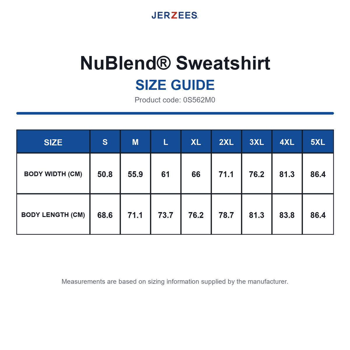 0S562M0 Jerzees NuBlend® Sweatshirt size guide (0S562M0)