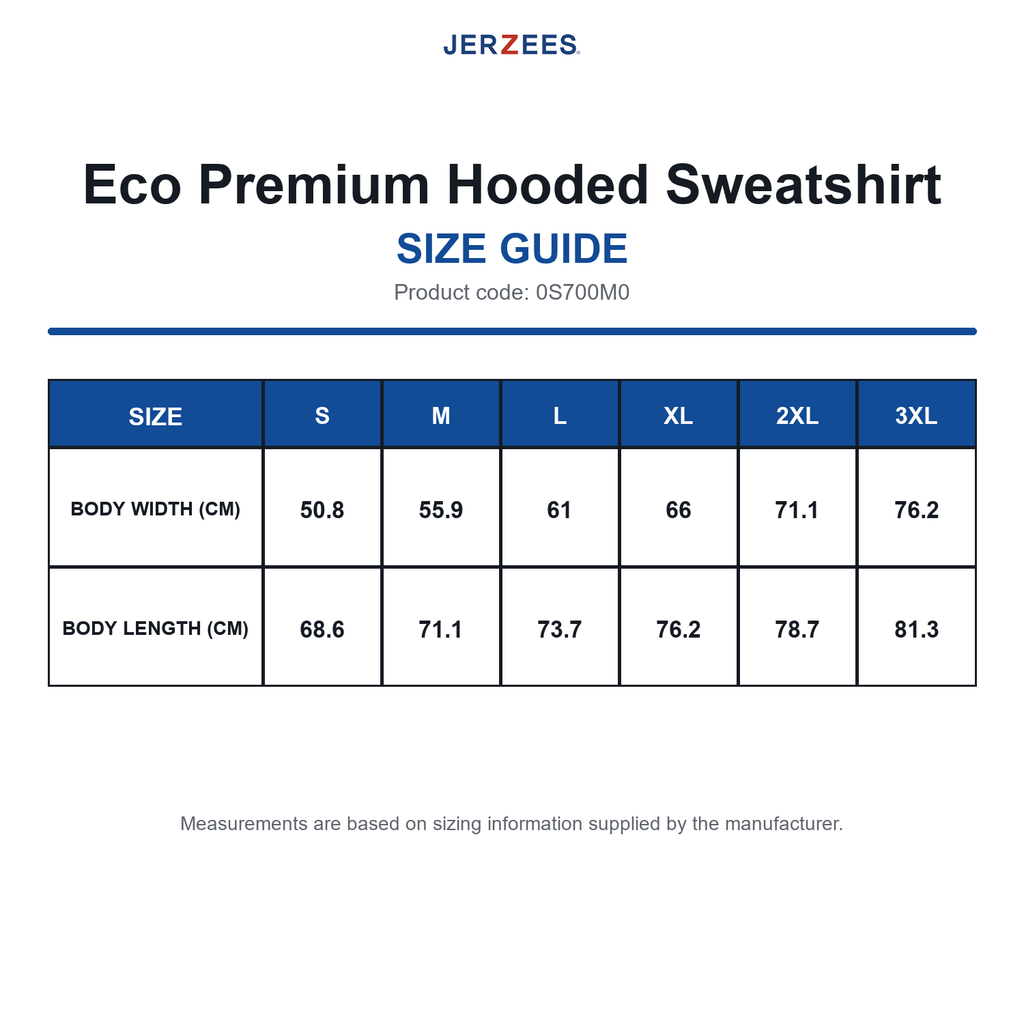 0S700M0 Jerzees Eco Premium Hooded Sweatshirt size guide (0S700M0)