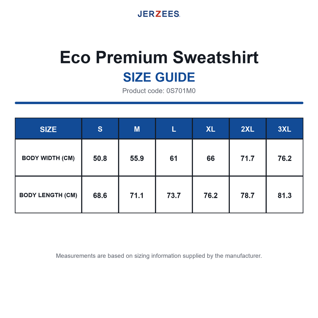 0S701M0 Jerzees Eco Premium Sweatshirt size guide (0S701M0)