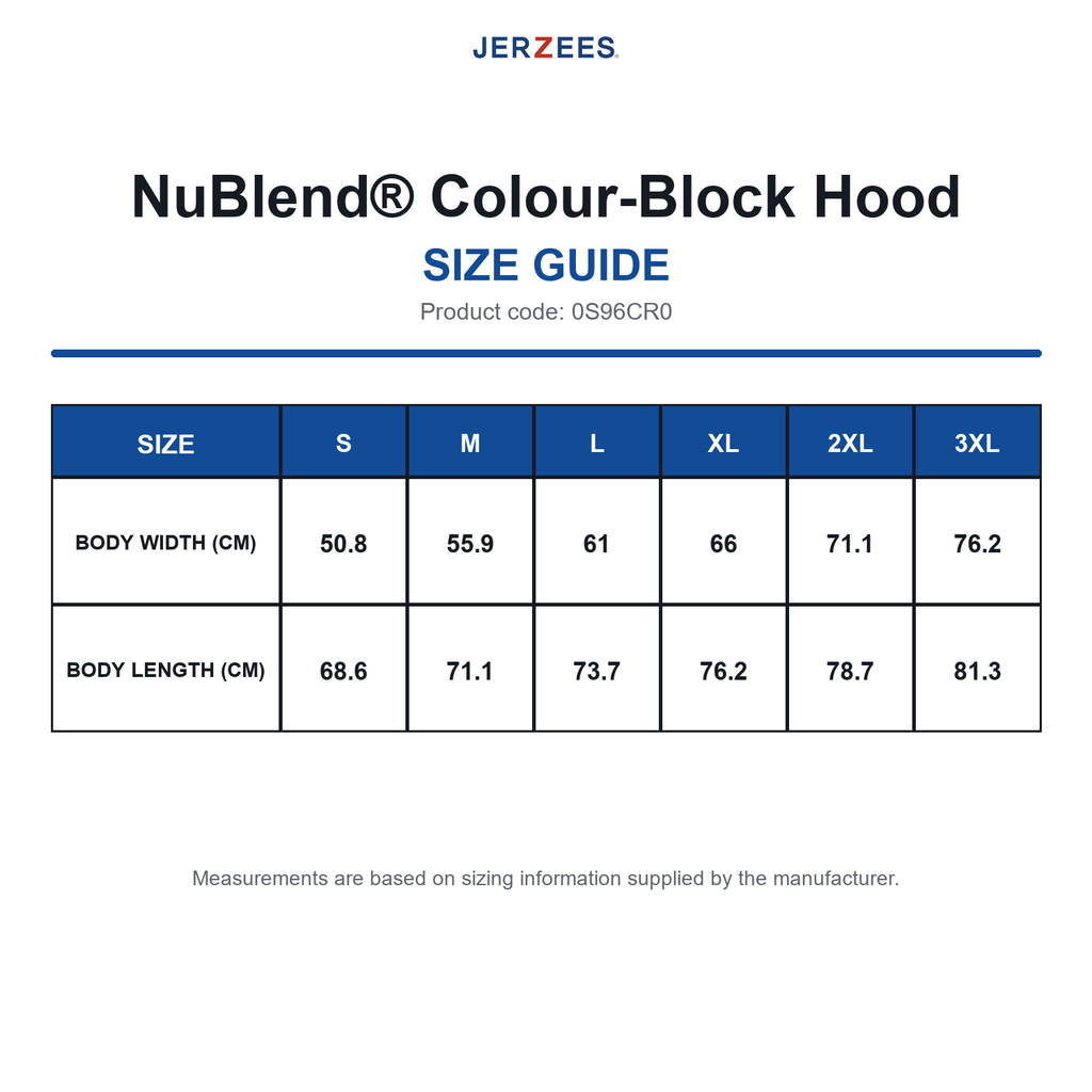 0S96CR0 Jerzees NuBlend® Colour-Block Hood size guide (0S96CR0)
