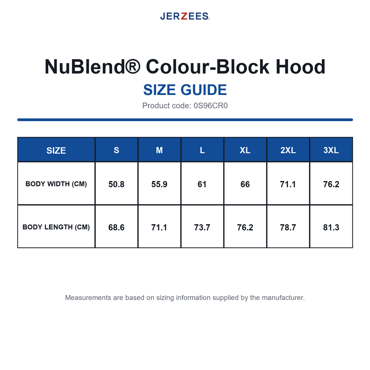 0S96CR0 Jerzees NuBlend® Colour-Block Hood size guide (0S96CR0)
