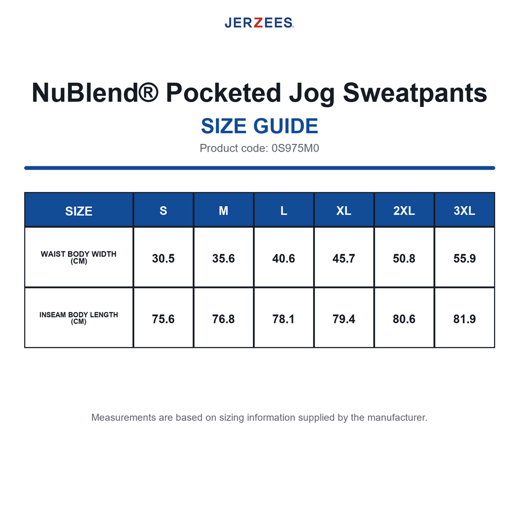 0S975M0 Jerzees NuBlend® Pocketed Jog Sweatpants size guide (0S975M0)