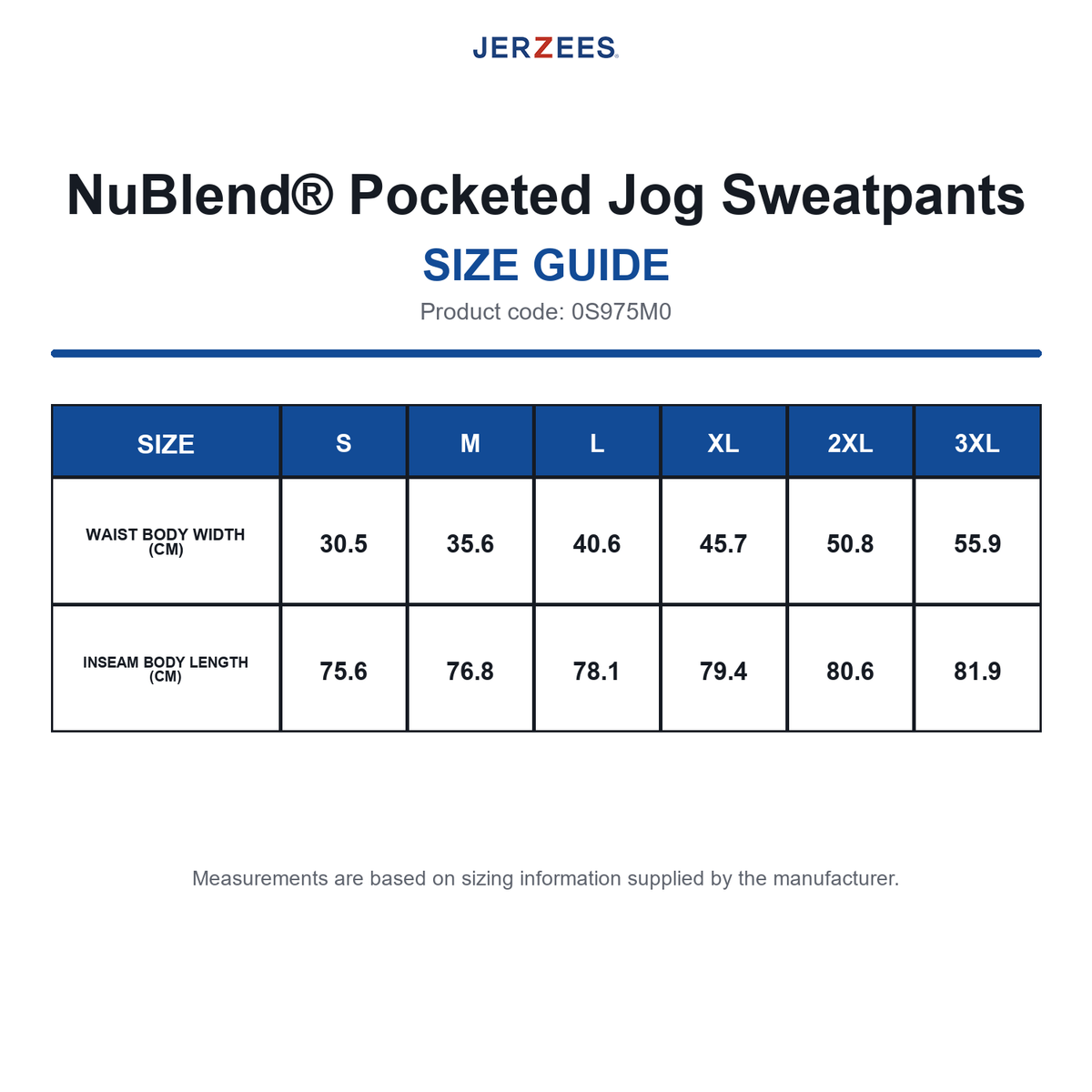 0S975M0 Jerzees NuBlend® Pocketed Jog Sweatpants size guide (0S975M0)
