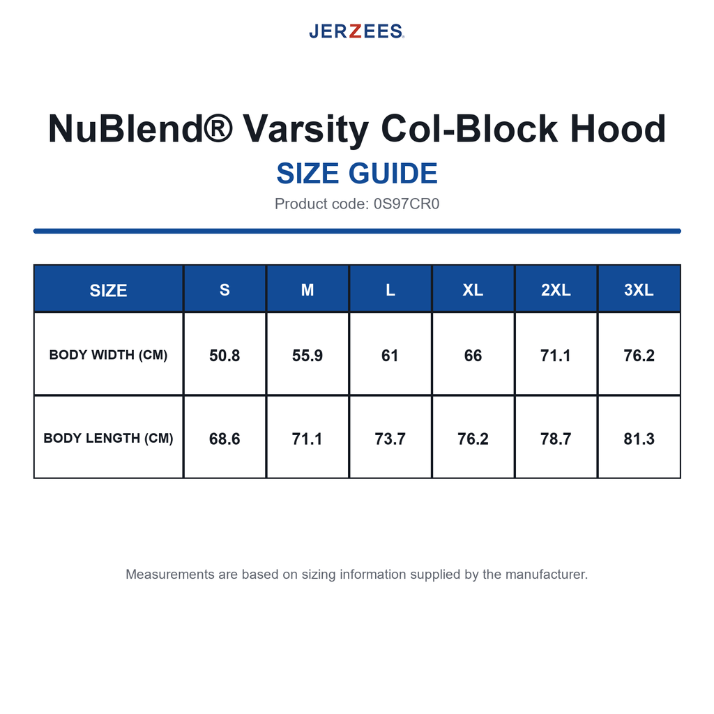 0S97CR0 Jerzees NuBlend® Varsity Col-Block Hood size guide (0S97CR0)