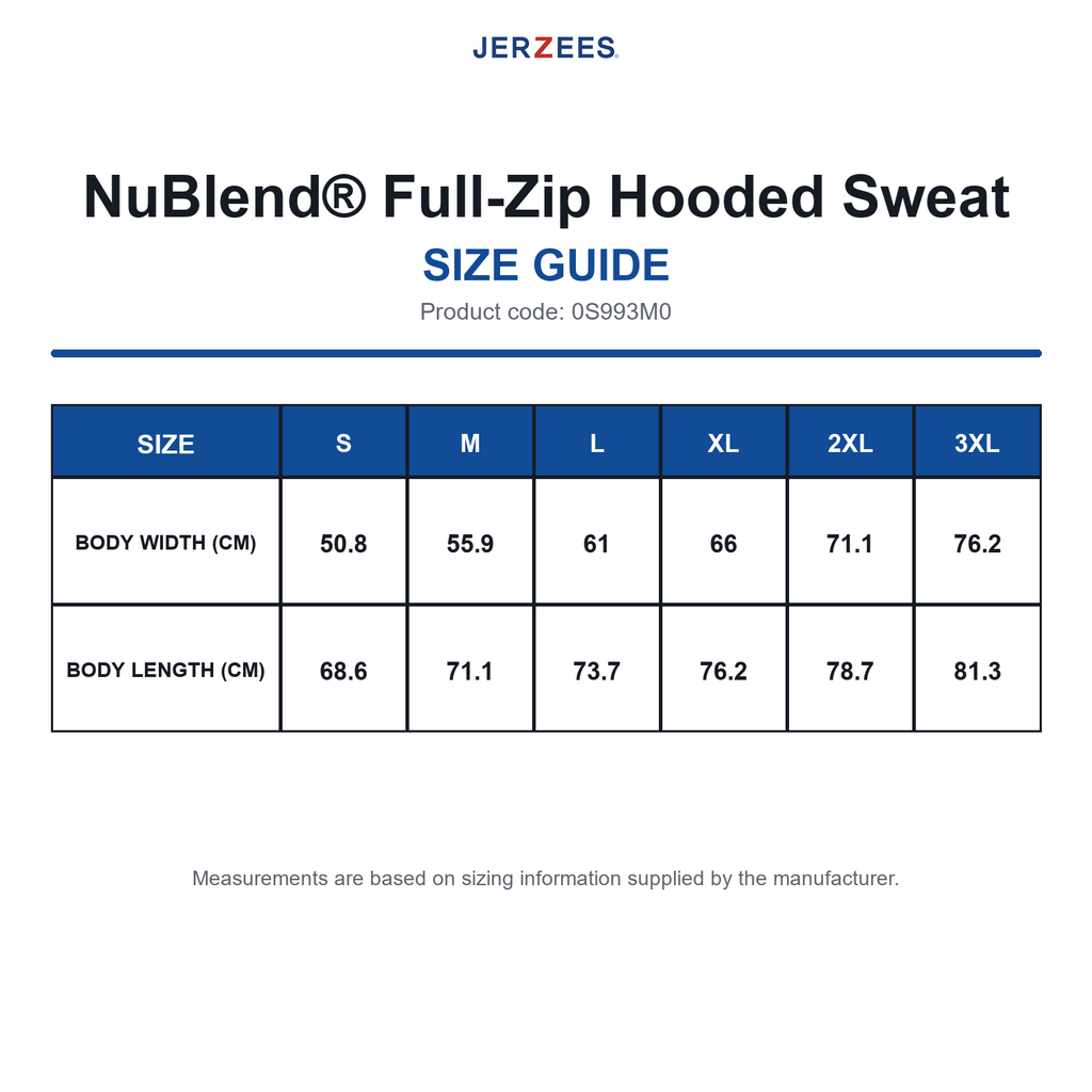 0S993M0 Jerzees NuBlend® Full-Zip Hooded Sweat size guide (0S993M0)