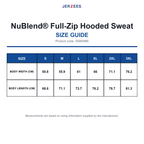 0S993M0 Jerzees NuBlend® Full-Zip Hooded Sweat size guide (0S993M0)