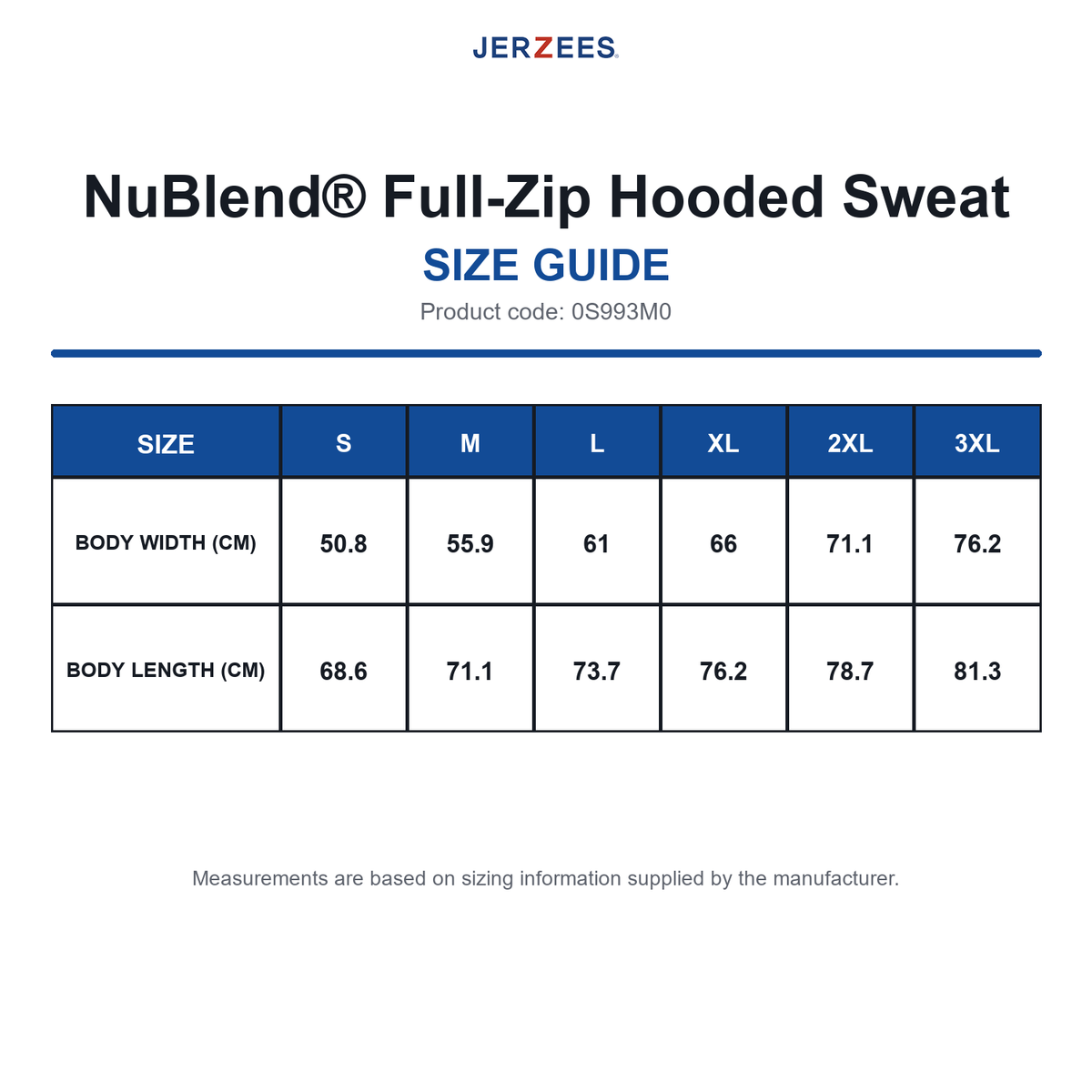 0S993M0 Jerzees NuBlend® Full-Zip Hooded Sweat size guide (0S993M0)