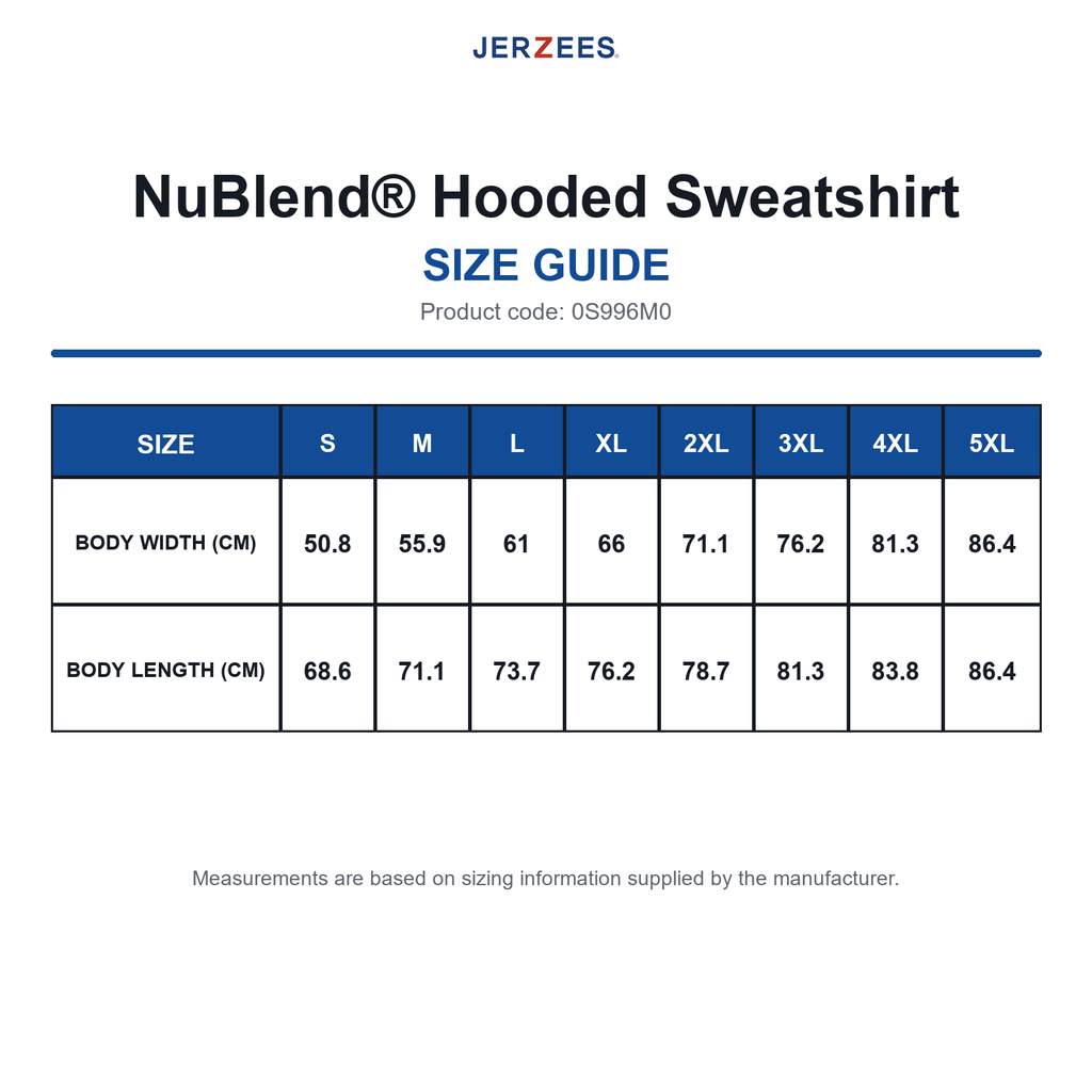 0S996M0 Jerzees NuBlend® Hooded Sweatshirt size guide (0S996M0)
