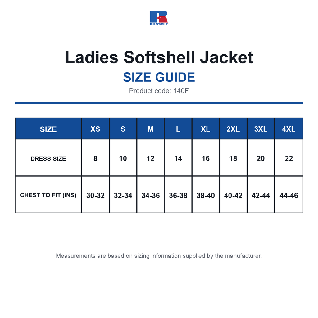 140F Russell Ladies Softshell Jacket size guide (140F)