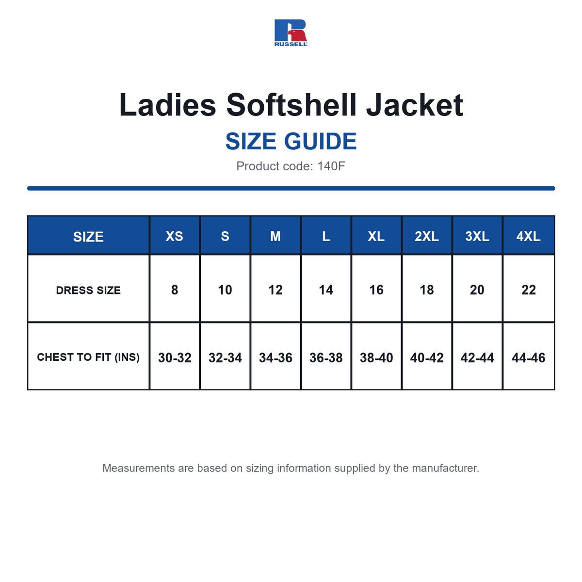 140F Russell Ladies Softshell Jacket size guide (140F)