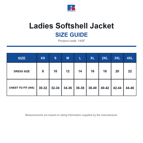 140F Russell Ladies Softshell Jacket size guide (140F)