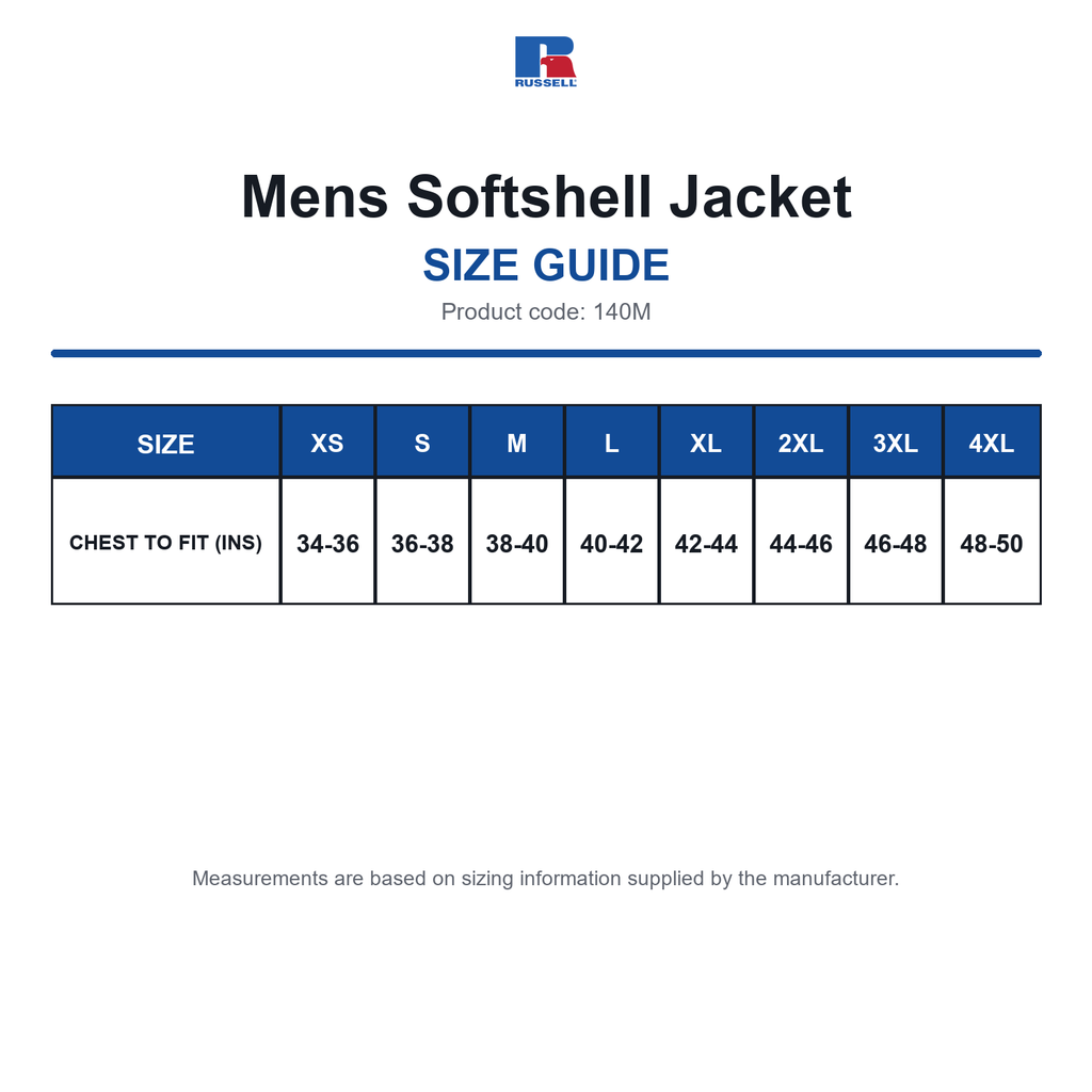 140M Russell Mens Softshell Jacket size guide (140M)