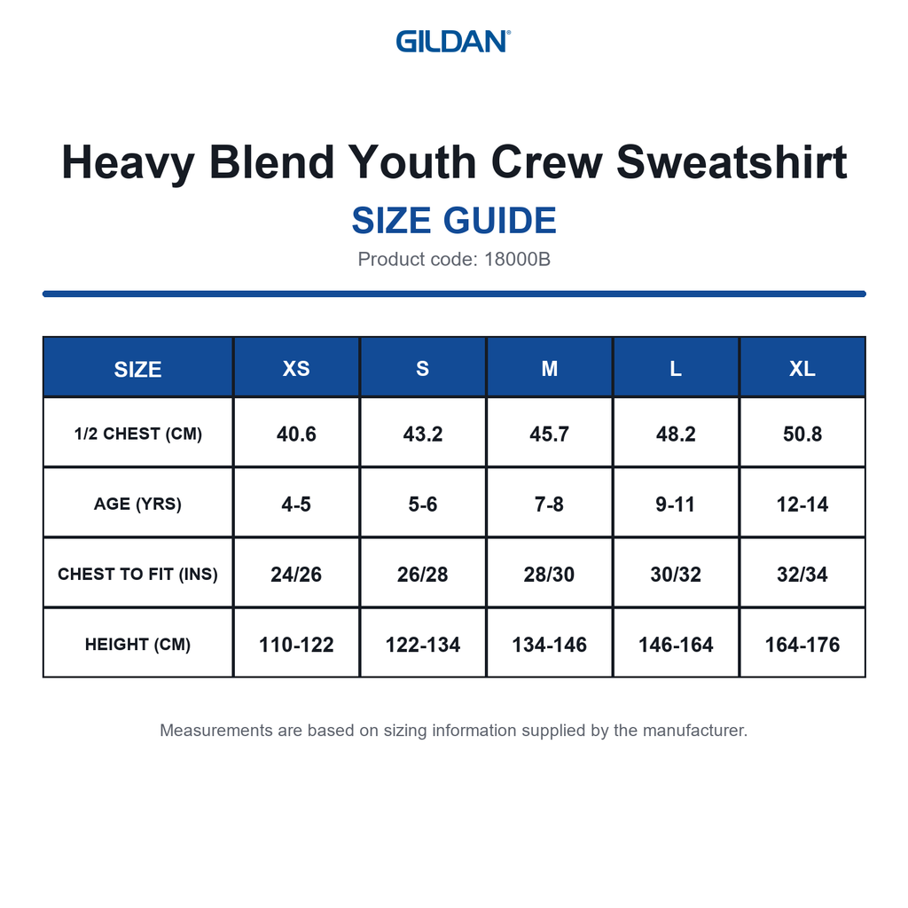 18000B Gildan Heavy Blend Youth Crew Sweatshirt size guide (18000B)