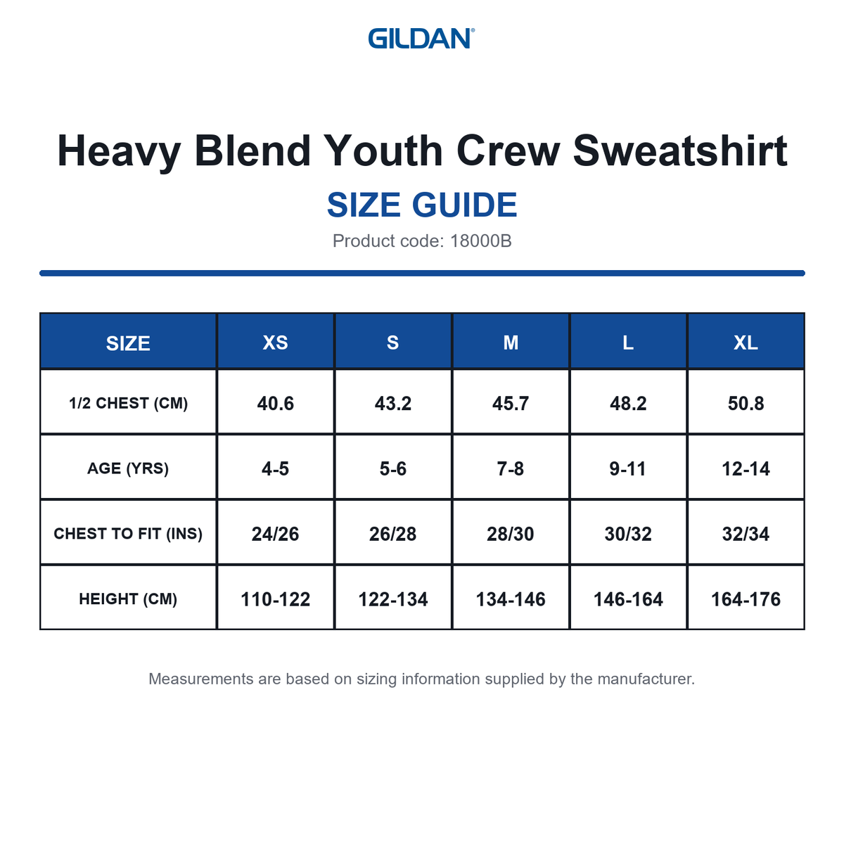 18000B Gildan Heavy Blend Youth Crew Sweatshirt size guide (18000B)