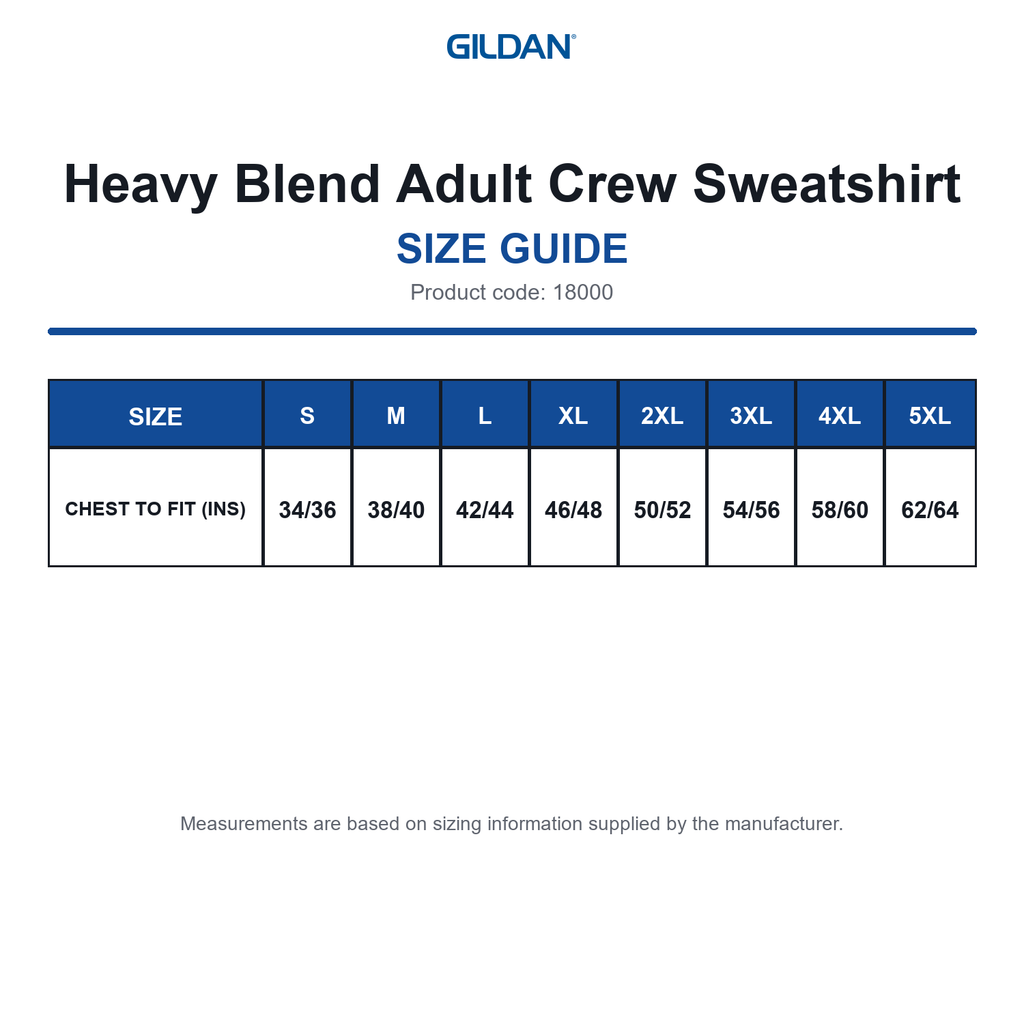 18000 Gildan Heavy Blend Adult Crew Sweatshirt size guide (18000)