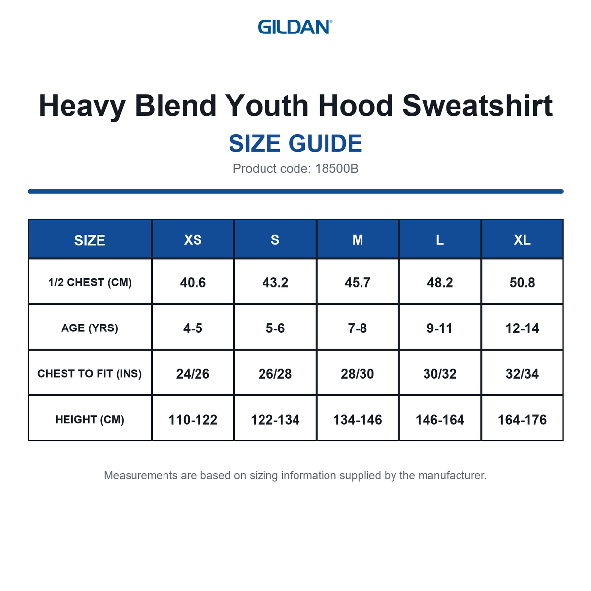 18500B Gildan Heavy Blend Youth Hood Sweatshirt size guide (18500B)