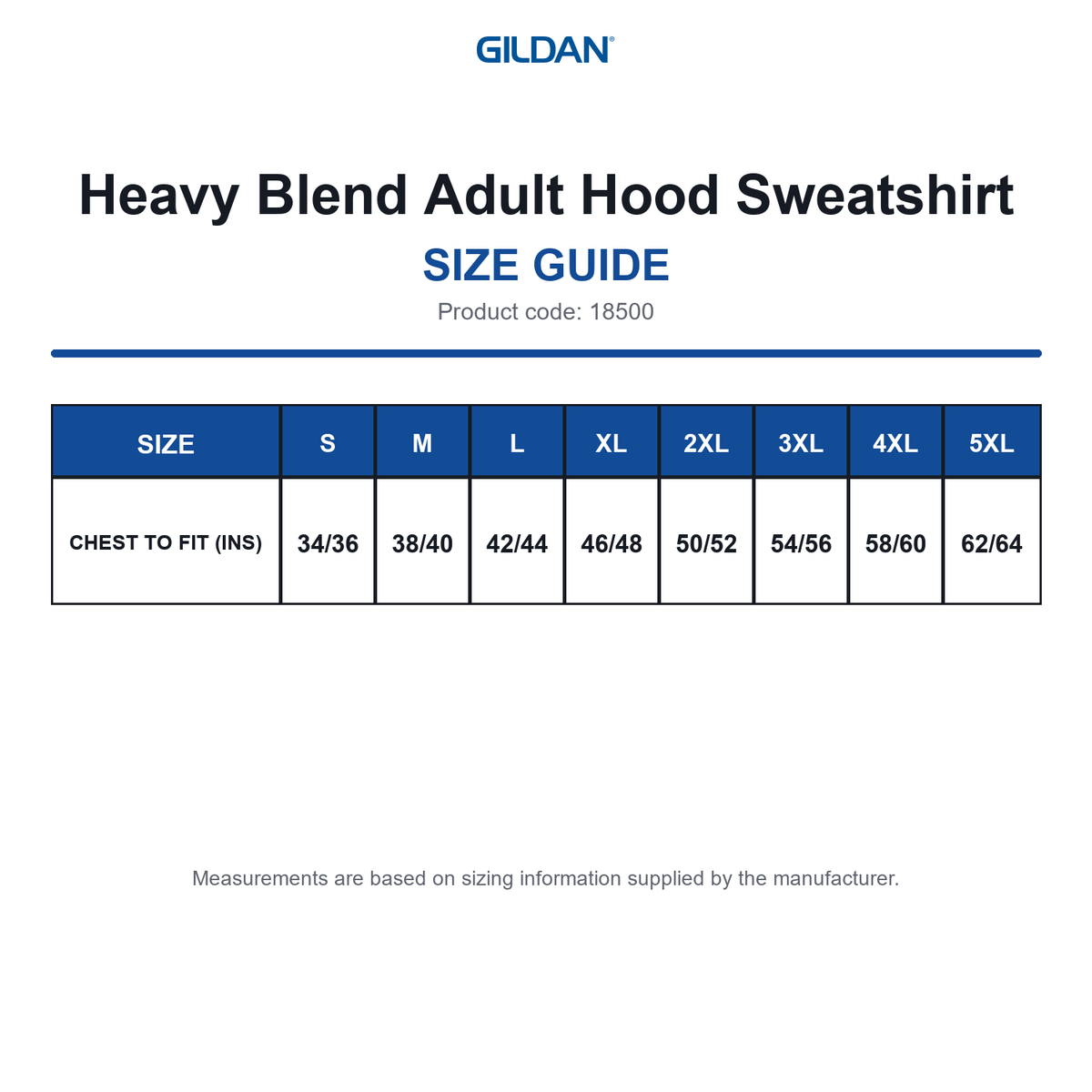 18500 Gildan Heavy Blend Adult Hood Sweatshirt size guide (18500)