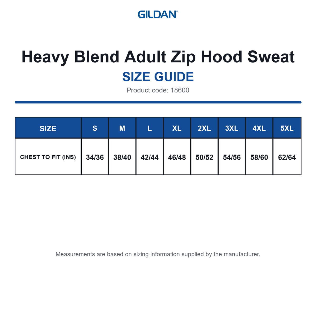 18600 Gildan Heavy Blend Adult Zip Hood Sweat size guide (18600)