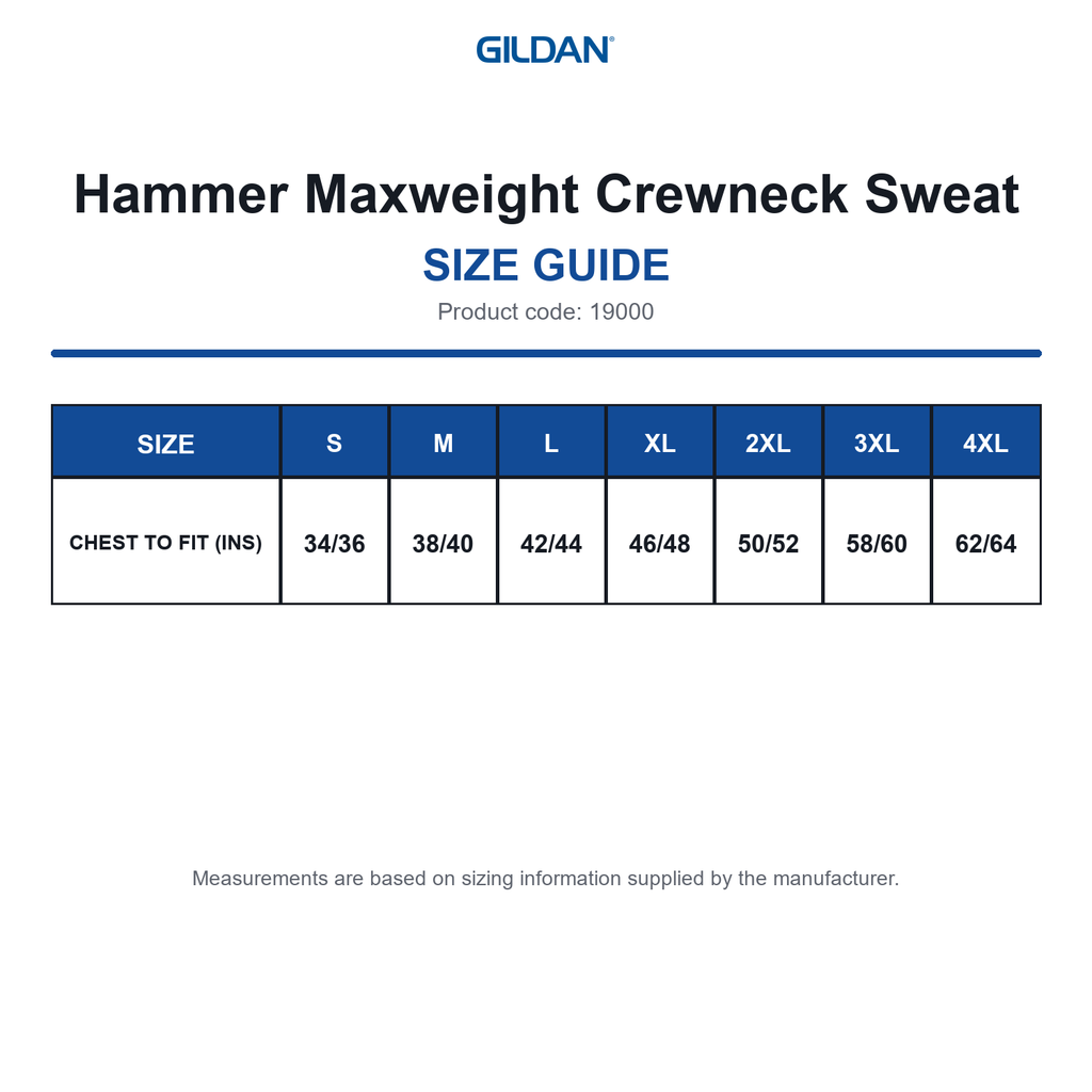 19000 Gildan Hammer Maxweight Crewneck Sweat size guide (19000)