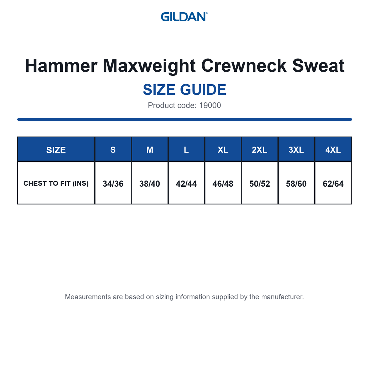 19000 Gildan Hammer Maxweight Crewneck Sweat size guide (19000)