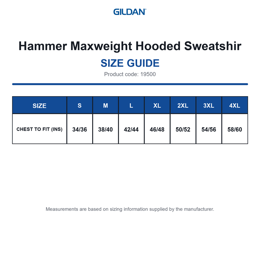 19500 Gildan Hammer Maxweight Hooded Sweatshir size guide (19500)