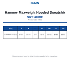 19500 Gildan Hammer Maxweight Hooded Sweatshir size guide (19500)