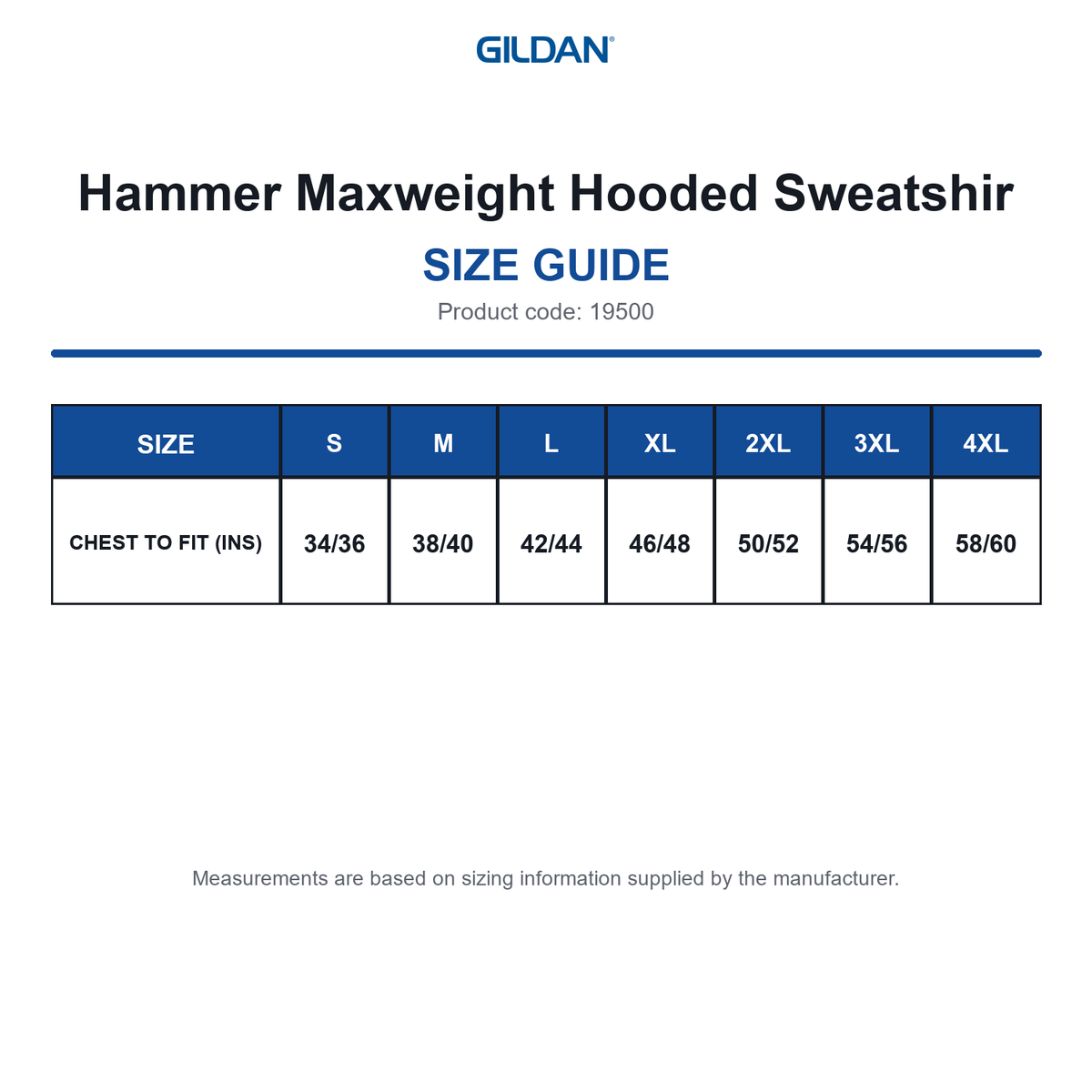 19500 Gildan Hammer Maxweight Hooded Sweatshir size guide (19500)
