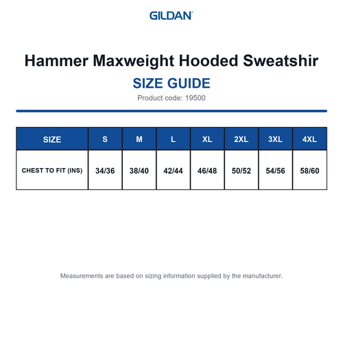 19500 Gildan Hammer Maxweight Hooded Sweatshir size guide (19500)