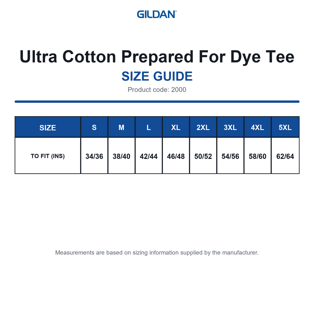 2000 Gildan Ultra Cotton Adult T-Shirt size guide (2000)